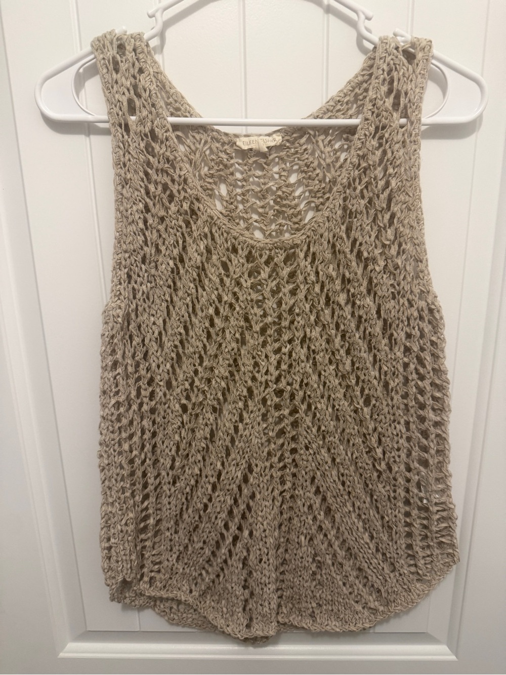 Eileen Fisher Natural Beige Hand Knit Linen  Blend Tape Open Weave Rib Tank Top